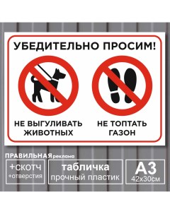 Табличка Просим не выгуливать животных не топтать газон А3 скотч Правильная реклама