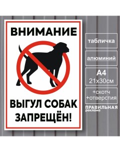 Табличка металлическая Выгул собак запрещен А4 21х30 см скотч Правильная реклама