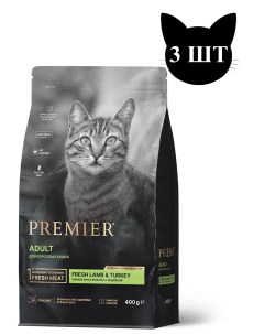 Сухой корм для кошек с ягненком и индейкой 3шт по 400г Premier