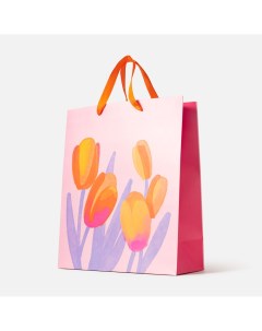 Подарочный пакет тюльпаны розовый 26x32 см 1 шт Самокат
