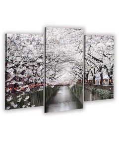Модульная картина триптих Цветение сакуры над мостом 60х80 см Добродаров