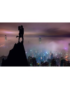 Картина на холсте 60x110 Пара силуэты поцелуй холм город небоскребы Linxone
