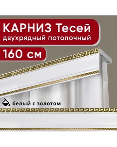 Карниз двухрядный потолочный с декоративной планкой Тесей белый с золотом 160 см Уют