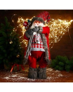 Новогодняя фигурка Дед Мороз в красном клетчатом свитере с фонариком 35x35x60 см Bazar