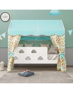 Кровать детская Домик Облачка с текстилем бирюзовый с жирафиками вход справа Базисвуд