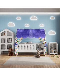 Кровать детская Домик Классик с текстилем синий с машинками вход справа Базисвуд
