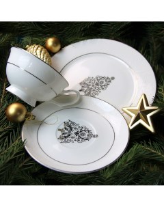 Подарочный набор Новый год тарелка 21 см чайная пара белое золото костяной фарфор Акку