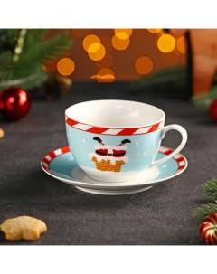 Чайная пара Доляна Новый год Дед Мороз чашка 250 мл блюдце d 14 см Nobrand
