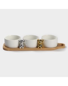 Набор соусников керамических на деревянной подставке Стильный Мишка 4 предмета 3 соусн Nobrand