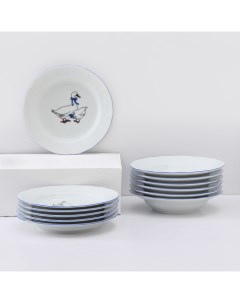 Набор фарфоровых тарелок Гуси 12 предметов 6 супниц 350 мл 6 плоских тарелок d 20 см Добрушский фарфоровый завод