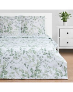 Комплект постельного белья Акварельные листья евро поплин зеленый Этель