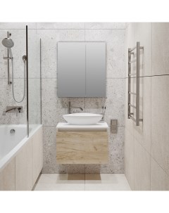 Мебель для ванной Бари 60 крафтовый дуб с раковиной Poligono с зеркалом Лада 60 белый Runo