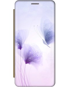 Чехол книжка на Infinix Hot 30 Play c принтом Бабочка и фиолетовые цветы золотой Gosso cases