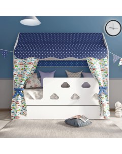 Детская кроватка85х163 5х155 см Облачка с текстилем и ящиком вход справа Базисвуд