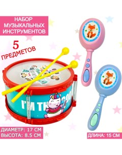 Набор детских музыкальных инструментов барабан с палочками бубен маракасы 5 шт Baby toys