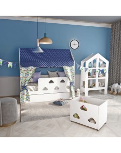 Кровать детская 85х163 5х155 см Облачка с текстилем и ящиком вход слева Базисвуд