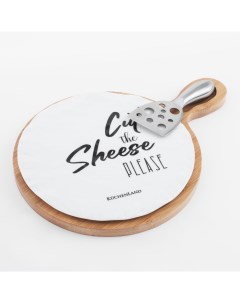 Набор для сыра 3 пр блюдо на подставке с ручкой сталь фарфор P бамбук Cheese Kuchenland