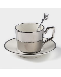 Кофейная пара керамическая Серебро 3 предмета чашка 200 мл блюдце d 14 см ложка h 12 Nobrand