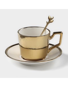 Кофейная пара керамическая Золото 3 предмета чашка 200 мл блюдце d 14 см ложка h 12 Nobrand