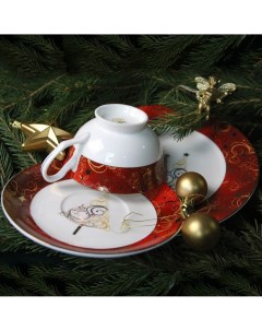 Подарочный набор Новый год тарелка 21 см чайная пара костяной фарфор Акку