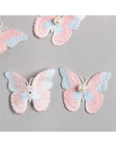 Декор для творчества текстиль вышивка Бабочка розово голубая двойные крылья 5х6 3 см Nobrand