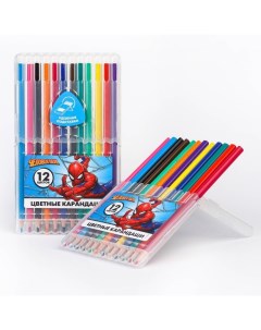 Карандаши цветные 12 цветов в пластиковом пенале с подставкой Супер мен Человек паук Marvel