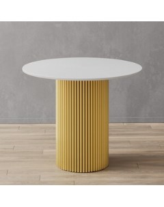 Стол круглый обеденный с металлическим золотым подстольем и белой столешницей TRUBIS Wood GGT 03 1 3 Genglass