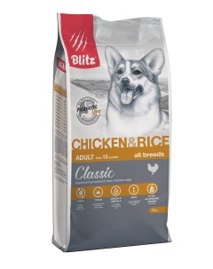 Classic Adult сухой корм для взрослых собак всех пород Курица и рис 15 кг Blitz