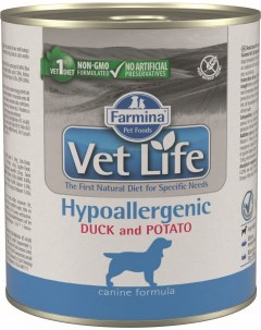 Vet Life Dog Hypoallergenic консервы для собак при пищевой аллергии и или непереносимости Утка и кар Farmina vet life
