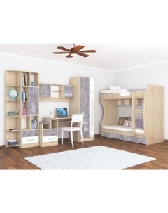 Комплект мебели Колибри Лофт с двухярусной кроватью дуб сонома ателье светлое акрил белый Nika