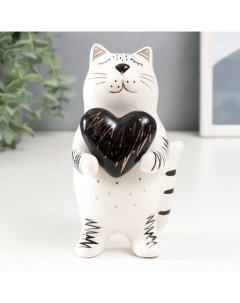 Сувенир керамика Котик с сердечком бело чёрный с золотом 15x8 2x7 8 см 6436041 Nobrand