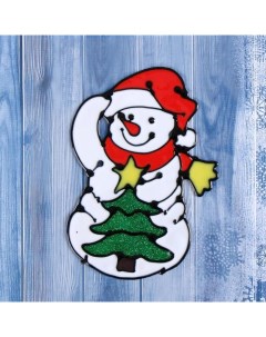 Наклейка на стекло Снеговик с нарядной елкой 10х15 см Зимнее волшебство
