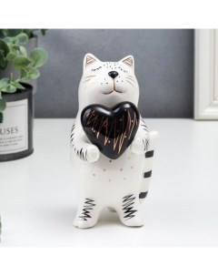 Сувенир керамика Котик с сердечком бело чёрный с золотом 15x8 2x7 8 см Nobrand