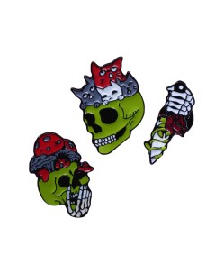 Набор значков 3шт Хэллоуин черепа с котятами и рука с ножом цветной в чёрном металле Queen fair