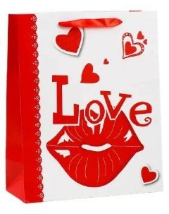 Бумажный пакет Любовь 26 х 32 см белый с красным Sima-land