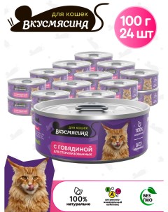 Консервы для кошек для стерилизованных с говядиной 24 шт по 100 г Вкусмясина
