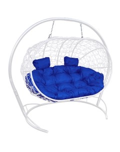 Подвесной диван ЛЕЖЕБОКА с ротангом белый синяя подушка M-group