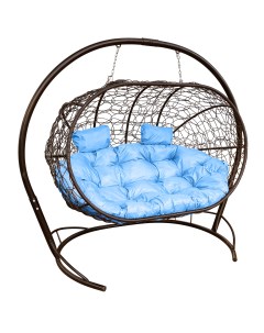 Подвесной диван ЛЕЖЕБОКА с ротангом коричневый голубая подушка M-group