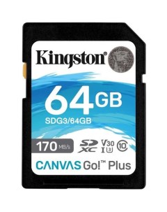 Карта памяти SDXC UHS I U3 Canvas Go Plus 64 ГБ 170 МБ с Class 10 SDG3 64GB 1 шт без адаптера Kingston