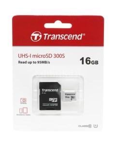 Карта памяти microSDHC UHS I U1 16 ГБ 95 МБ с Class 10 TS16GUSD300S A 1 шт переходник SD Transcend