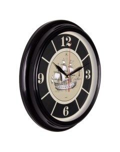 Часы круглые 35 см корпус черный Корабль Рубин