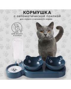 Миска для кошек тройная с диспенсером под воду пластик синий 2 по 0 4 и 0 5 л Nobrand