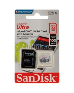 Карта памяти microSDHC UHS I Ultra 32 ГБ 100 МБ с Class 10 SDSQUNR 032G GN3MA 1 шт переходник SD Sandisk