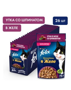 Sensations пауч для кошек кусочки в желе Утка и шпинат 75 г упаковка 26 шт Felix