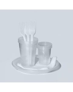Набор одноразовой посуды на 3 персоны стакан 200 мл стопка 100 мл тарелка d 165 вилка салфет 1046952 Nobrand