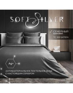 Комплект постельного белья Серый космос графитовый семейный Soft silver