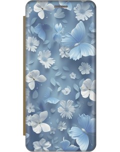 Чехол книжка на Samsung Galaxy S22 Ultra с принтом Голубые бабочки золотой Gosso cases