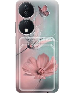 Силиконовый чехол на Honor X7b с принтом Бабочка и цветы с карманом для карты прозрачный Gosso cases