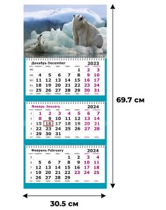 Календарь настенный 3 х блочный 2024 305х780 белый медведь 3 спир 80г м2 Attache
