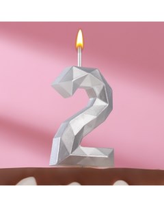 Свеча в торт на шпажке Многогранник цифра 2 11х4 3 см серебро Омский свечной